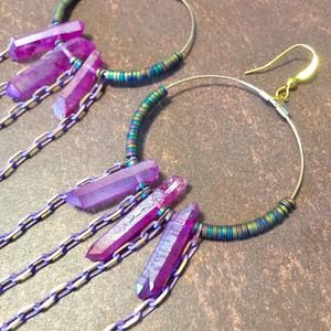 Handmade quartz, hematite, and chain hoop earrings